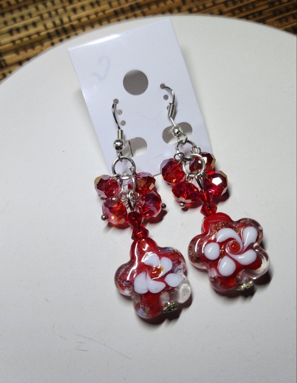 Artisan Red Flower Art Glass Bead Drop Earrings
